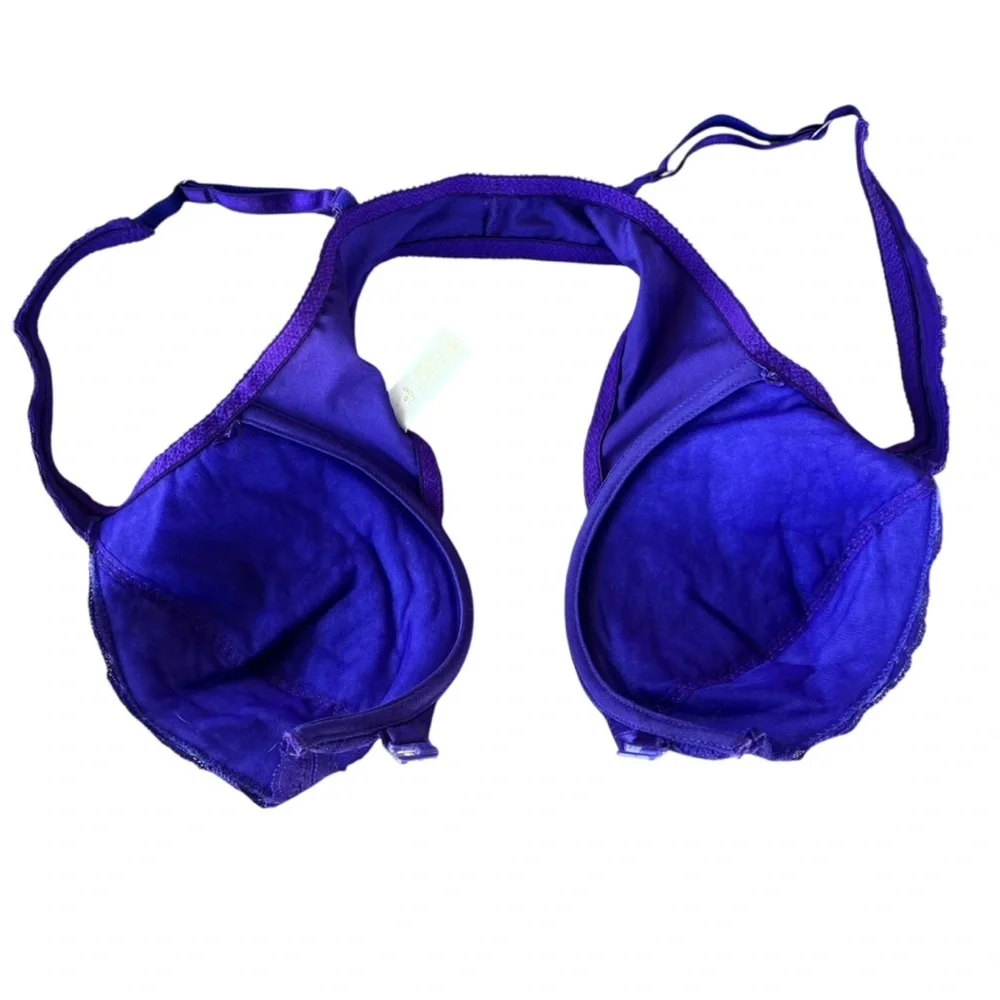 VTG Victoria’s Secret Good Label Bra Purple Jacquard Scroll Lace Front Close 80s